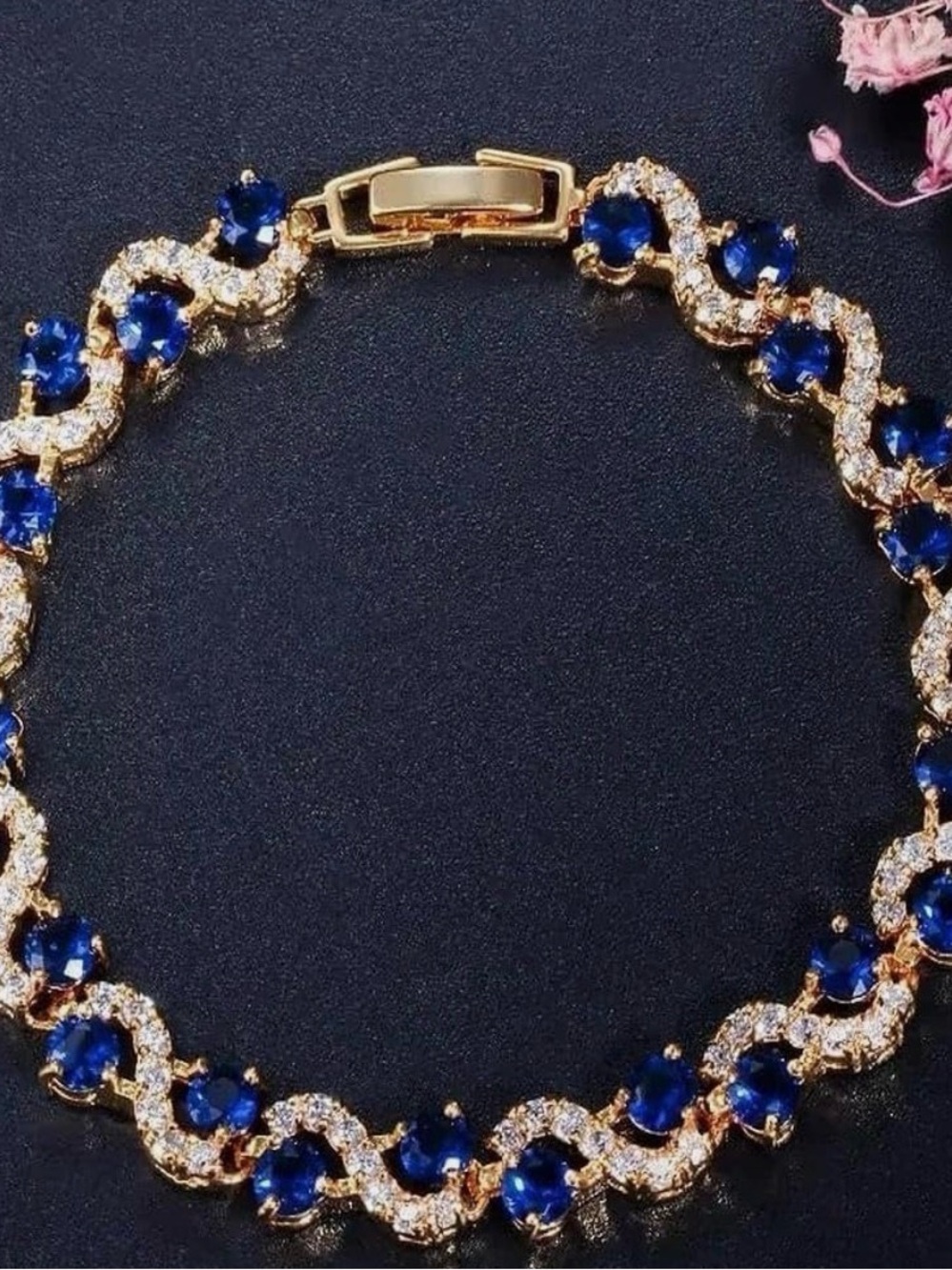 Yellow Gold Plated Tennis Link Bracelet Blue & Clear Round Stones Box Clasp.